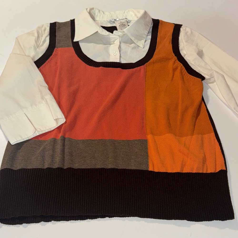 Vintage Fred David Women's Color Block Ribbed Knit Vest W/ Built in White Polo